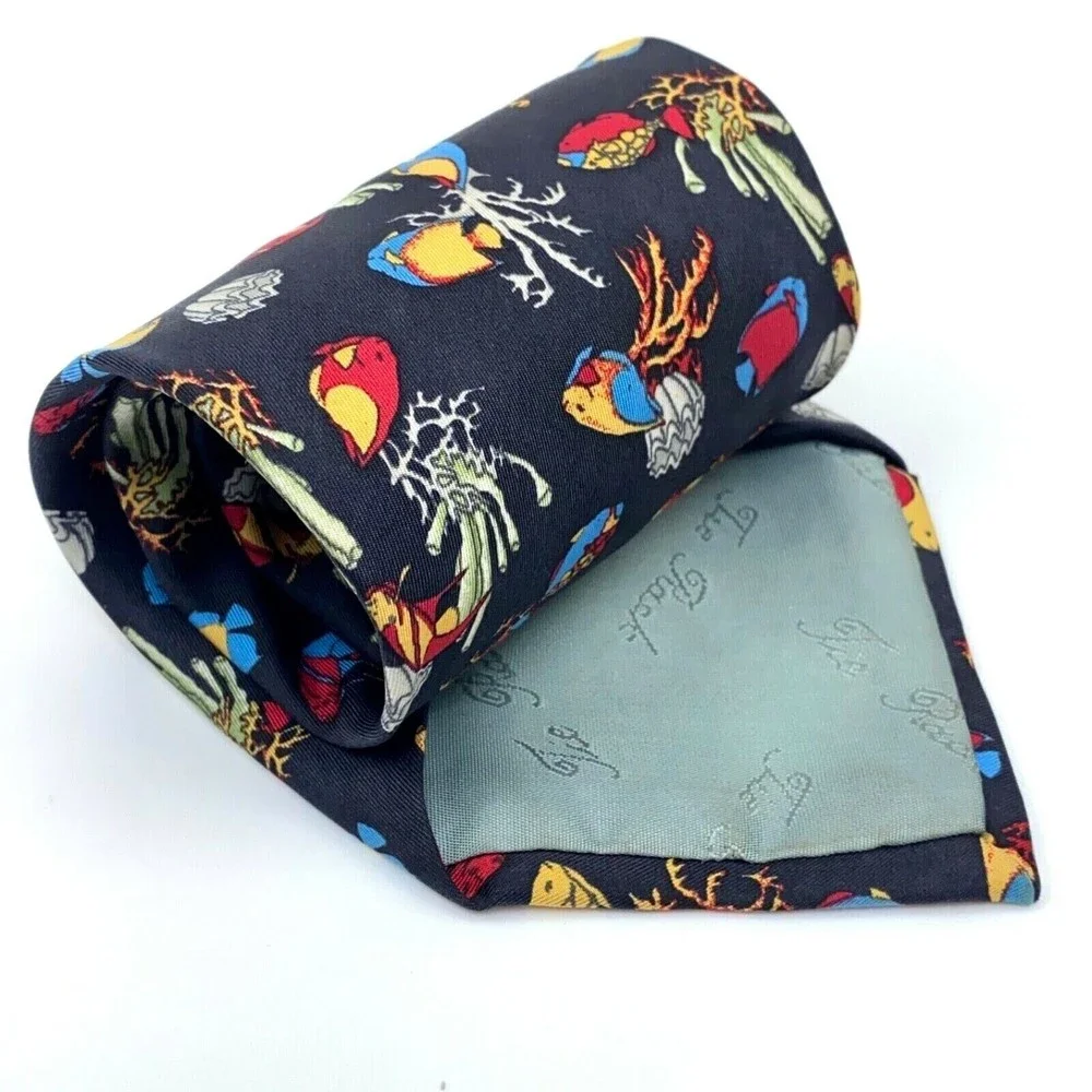 BEAUFORT Tie Rack Black Multicolor Fish Animal 100% Silk Necktie Made in Italy